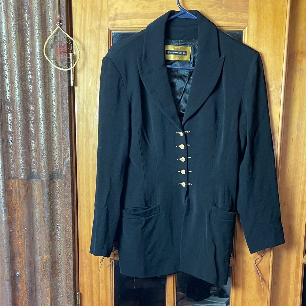 Stunning FRENCH Black Wool and Rayon Blazer with Tan Button Accents, Size 40